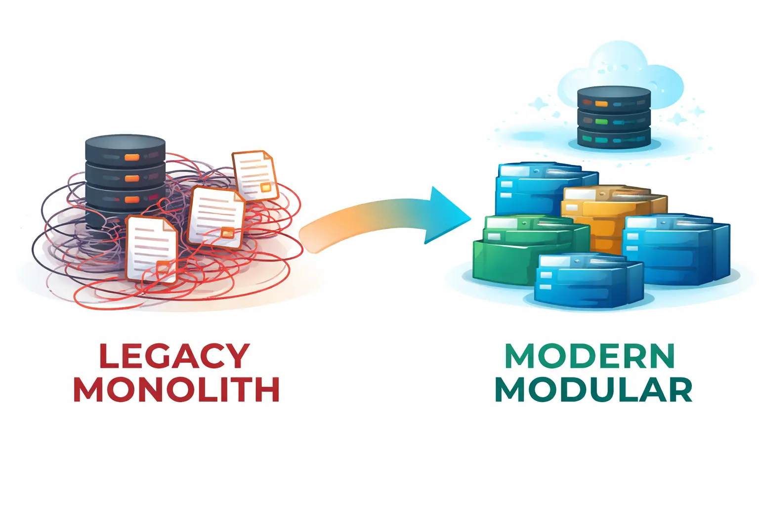 Illustration showing a transition from a messy monolithic system to a clean modular architecture.