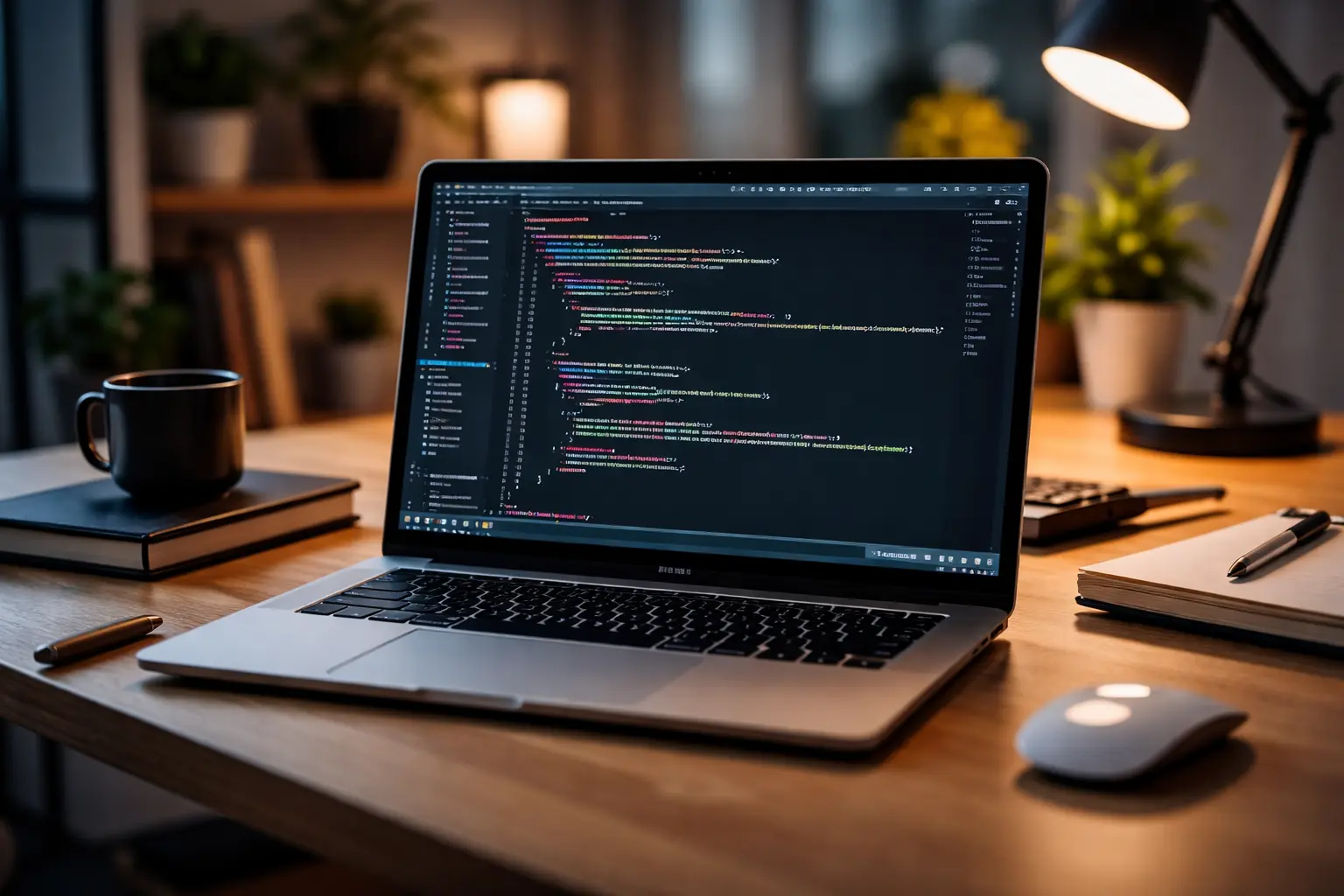 An open laptop showing code on a desk, representing the developer's workspace and focus.