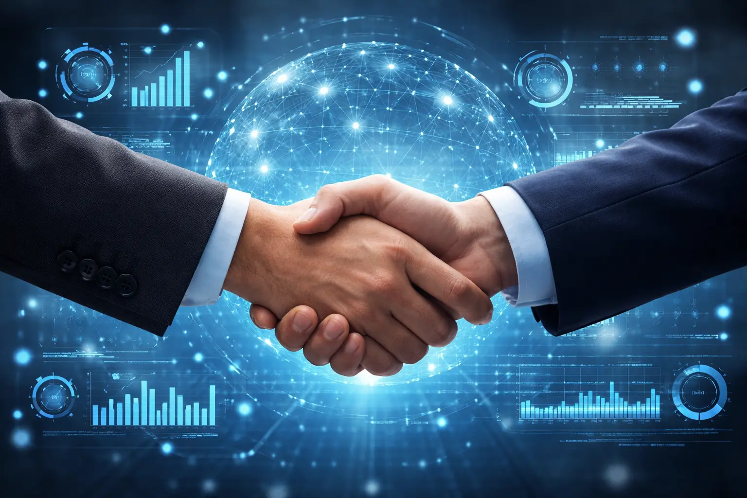 Professional handshake with a digital data graphic representing a technical partnership.
